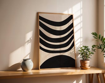 Abstract Wave Art Print, Black Beige Minimalist Decor (Digital Download)