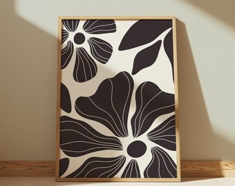 Mid Century Modern Floral Print, Beige & Black Botanical Art (Digital Download)