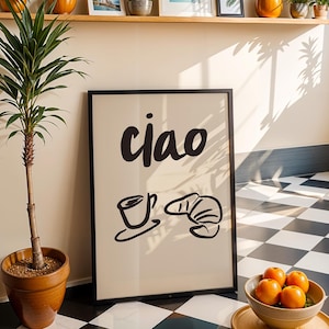 Sztuka ścienna z kawą Wystrój kuchni Сroissant Nowoczesny wystrój Bar Cart Wystrój ścienny Preppy Estetyczna sztuka ścienna Trendy teraz Ciao Print Kitchen Poster