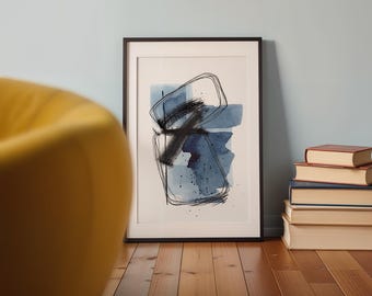 Japandi Abstract Art Print, Navy Blue, Black Wall Art (Digital Download)