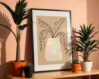 Beige Botanical Print, Mid Century Modern Plant Art (Digital Download)