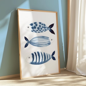 Coastal Wall Art Navy Blue Wall Art Modern Coastal Prints Watercolor Artwork Marine Animal Beach House Art Blue Fish Painting PRINTABLE ART