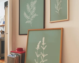 Sage Green Botanical Print Set, Mid-Century Modern Wall Art (Digital Download)
