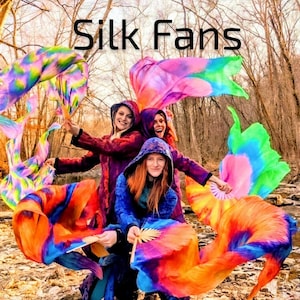 Silk Fans Pair White PLASTIC Staves CUSTOM Design Hand Made Flow Fans Appx 2 WEEKS Creation Time  *Pls Read All Item Details Before Purchase