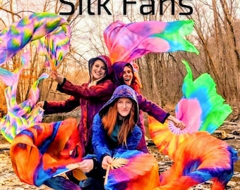 Silk Fans Pair White PLASTIC Staves CUSTOM Design Hand Made Flow Fans Appx 2 WEEKS Creation Time  *Pls Read All Item Details Before Purchase