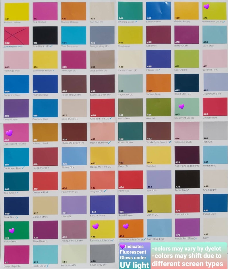May include: A colour swatch chart featuring a grid of numerous small squares, each displaying a unique colour with a corresponding numerical code and name. The chart includes a legend noting that purple heart icons indicate fluorescent colours that glow under UV light.