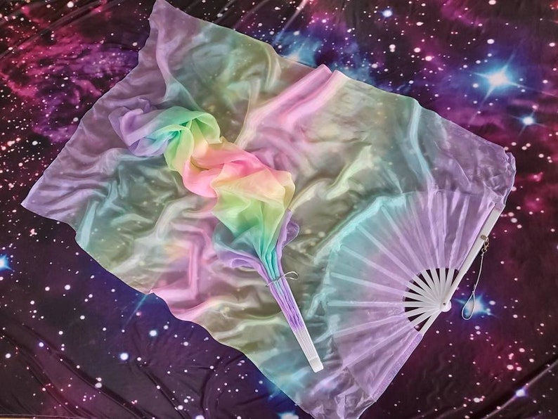 Silk Veil Fans Celestia Pastel Double Rainbow UV L&R Pair, CUSTOM Made Per Order up to 2 Weeks. Please Read Item Description image 1