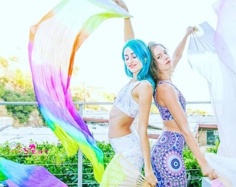 SilkFlow Fächerpaar Prisma Neon UV Schwarzlicht Glow. CUSTOM Hand gefärbt Made to Order. Bitte lesen Sie alle Artikeldetails vor dem Kauf!