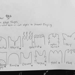 Peut inclure: Croquis &agrave; main lev&eacute;e de diff&eacute;rentes formes de bordures pour tissu, notamment sir&egrave;ne, valkyrie, poisson-gel&eacute;e, sir&egrave;ne mythique, f&eacute;e, ange, droite, ronde, en croissant, serpent, p&eacute;tale, flamme. Le texte "Lunar Wear Custom edge shapes 3 thread rolled hem on cut edges to prevent fraying" est &eacute;crit en haut de la page. Le texte "*= Good for LED FANS" et "D=Deep Cut, best on long fans" est &eacute;crit &agrave; droite de la page.
