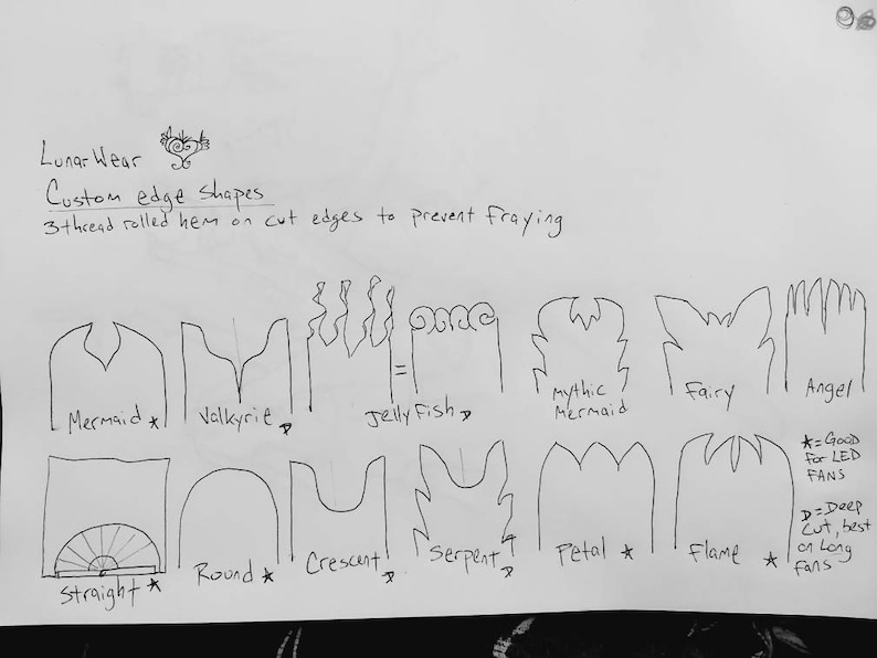 Peut inclure: Croquis &agrave; main lev&eacute;e de diff&eacute;rentes formes de bordures pour tissu, notamment sir&egrave;ne, valkyrie, poisson-gel&eacute;e, sir&egrave;ne mythique, f&eacute;e, ange, droite, ronde, en croissant, serpent, p&eacute;tale, flamme. Le texte "Lunar Wear Custom edge shapes 3 thread rolled hem on cut edges to prevent fraying" est &eacute;crit en haut de la page. Le texte "*= Good for LED FANS" et "D=Deep Cut, best on long fans" est &eacute;crit &agrave; droite de la page.