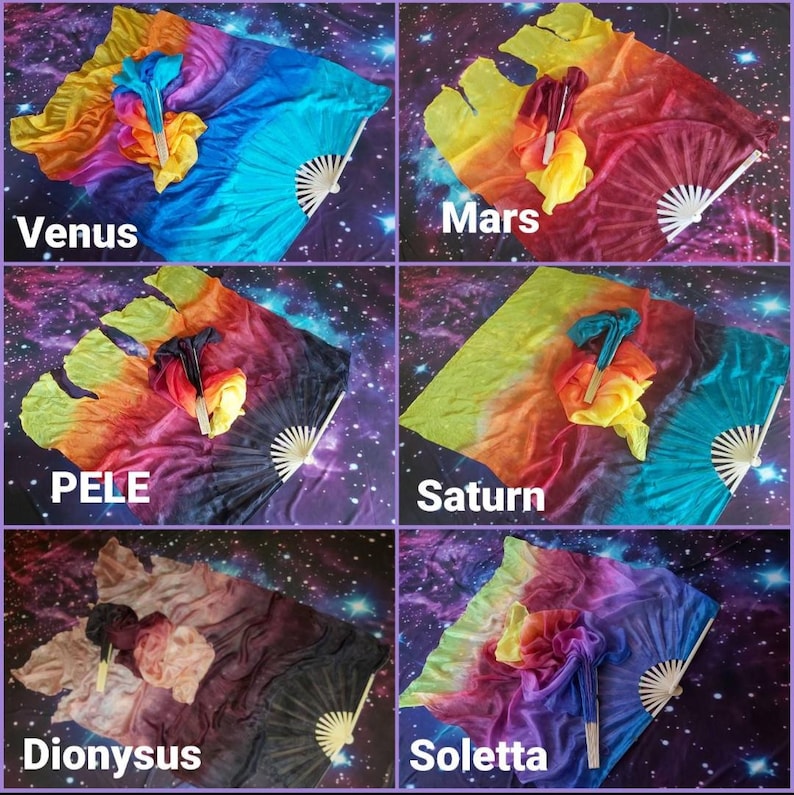 May include: A collection of six silk dance fans featuring vibrant gradient colour schemes labelled Venus, Mars, Pele, Saturn, Dionysus, and Soletta. Each fan consists of a folding bamboo frame attached to a long, flowing piece of dyed silk fabric.