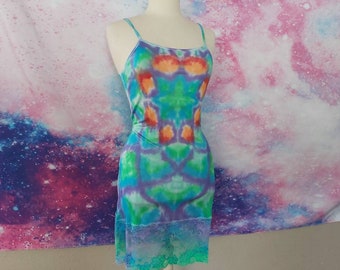 Silk Knit Blend Bodycon Dress. Hand Dyed Shibori Tie Dyed Lotus UV Neon. Size Medium. Please read Item Details. One of a Kind.