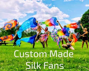 Silk Veil Fans Pair CUSTOM Design Hand Made on Standard Bamboo Staves. 2 Weeks Creation Time Pls Read Full Item Details Before Purchase!