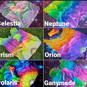 May include: A collection of six silk dance fans featuring vibrant rainbow gradients. Each fan includes a folding bamboo frame and a long, flowing fabric veil. The styles are labelled as Celestia, Neptune, Prism, Orion, Polaris, and Ganymede.