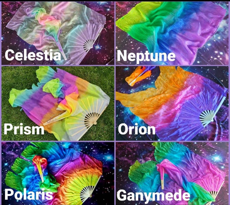 May include: A collection of six silk dance fans featuring vibrant rainbow gradients. Each fan includes a folding bamboo frame and a long, flowing fabric veil. The styles are labelled as Celestia, Neptune, Prism, Orion, Polaris, and Ganymede.