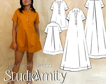 Ceres Shirtdress PDF Sewing Pattern Short Sleeve Casual Dress for Women Easy Mini and Maxi Dress Size XS-XXL Digital Sewing Pattern