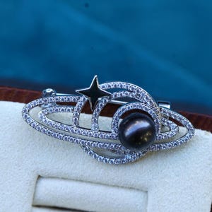 Tahitian Black Pearl Planet Brooch: 14K Gold Filled Celestial Pin