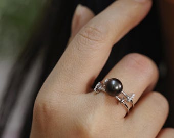 Tahitian Black Pearl Double Band Ring, 925 Sterling Silver Minimalist Pearl Ring, Adjustable Black Pearl Jewelry, Statement Ring for Women
