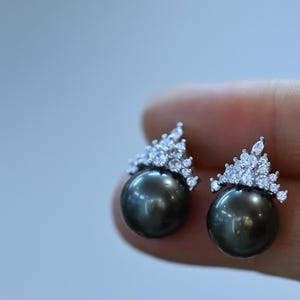 Tahitian Black Pearl Earrings, Snow Queen Style, Black Pearl Studs, Tahitian Jewelry, S925 Silver with Zirconia, Handmade Gift for Her,