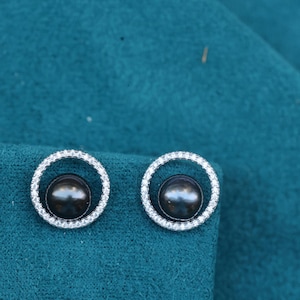 AAA Tahiti Black Pearl Stud Earrings, Sterling Silver Circle Halo, Tahitian Pearl Jewelry, Elegant Handmade Gift for Her