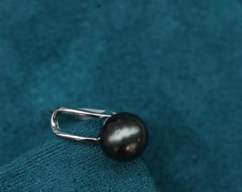 Minimalist Tahitian Black Pearl Ring: Sterling Silver Adjustable Band
