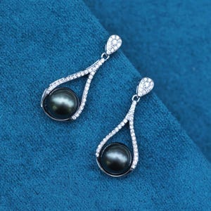 Tahitian Black Pearl Drop Earrings: Sterling Silver Zircon Dangle