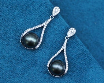 Tahitian Black Pearl Drop Earrings: Sterling Silver Zircon Dangle