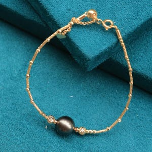 Rare Find, Tahitian Black Pearl Bracelet, 18K Gold Filled, Adjustable Pearl Bracelet, Sterling Silver, Handmade Jewelry, Luxury Gift for Her