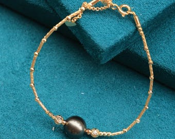 Pulsera de perla negra de Tahití: plata de ley chapada en oro de 18 quilates, ajustable