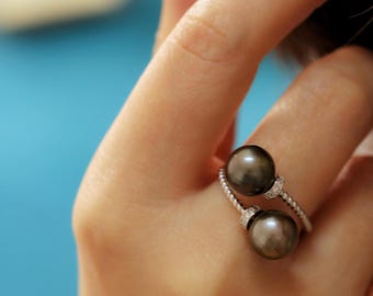 Tahitian Pearl Double Ring: Adjustable Sterling Silver Statement Jewelry