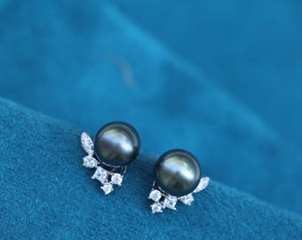 Tahitian Black Pearl Stud Earrings, Pearl Earrings With CZ