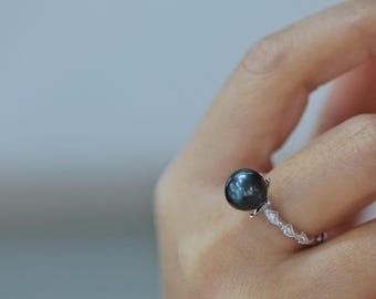 Schwarze Perle Tahiti Ring: Vintage Sterling Silber Verlobungsring