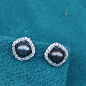 Tahitian Black Pearl Stud Earrings, Sterling Silver, Classic Gold Halo Earrings, Handmade Tahitian Pearl Jewelry, Birthday Gift for Her