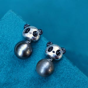 Panda Tahitian Black Pearl Stud Earrings: Sterling Silver Animal Jewelry