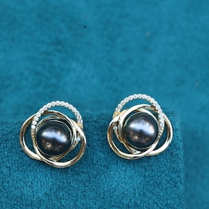 Gold Tahitian Black Pearl Stud Earrings with Zircon Halo Design, Elegant AAA Pearl Jewelry for Wedding, Anniversary or Gift for Her