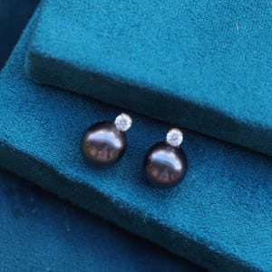Tahitian Black Pearl Earrings, Stud Earrings, Pearl Jewelry, Minimalist Earrings, Diamond Accent, Gift for Her, Natural Pearl, Fine Jewelry