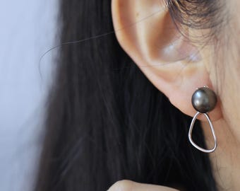 Tahitian Black Pearl Drop Earrings: Sterling Silver Dangles, Handmade