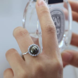 Tahitian Black Pearl Ring, 925 Sterling Silver Halo Ring, 9-10mm AAA Dark Pearl Ring, Adjustable Pearl Jewelry, Elegant Gifts for Her