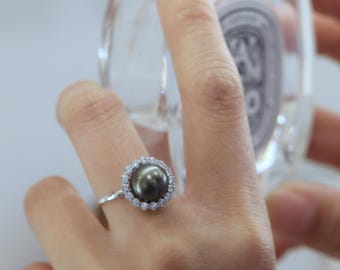 本物の 9-9.5 mm 養殖タヒチ黒真珠リング、925 スターリングシルバー製