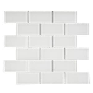 May include: White subway tile mosaic with a glossy finish. The tiles are arranged in a brick pattern.