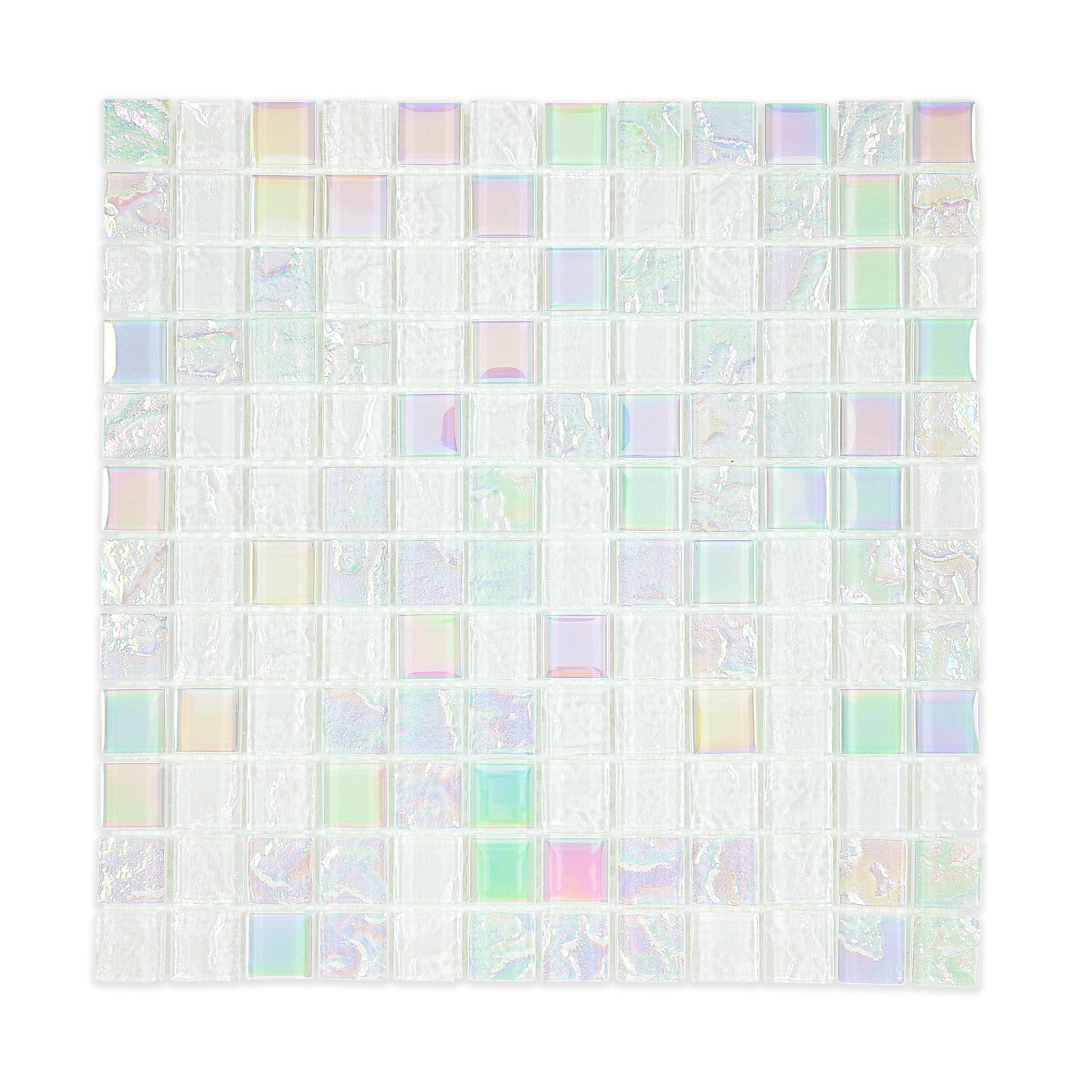 White Iridescent Glass Mosaic Tile: 1" Polished Mesh-Mounted
