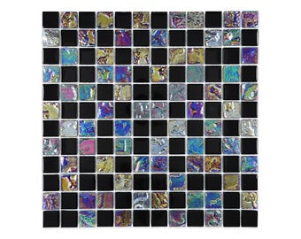 Black Iridescent Mosaic Glass Tile: 1&quot; x 1&quot; Polished Finish