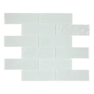 May include: White glass tile mosaic with a variety of textures, including a wood grain, floral, and smooth finish. The tiles are arranged in a brick pattern.