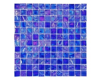 Blue Iridescent Glass Mosaic Tile: 1&quot; x 1&quot; Polished Finish