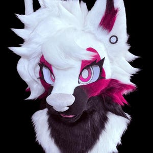 以下が含まれることがあります： 目と耳の周りにピンクのアクセントが付いた、白と黒の毛皮のオオカミの頭。オオカミの頭には黒い鼻があり、胸には黒と白の毛皮の模様があります。目はピンクの瞳の薄い青色です。