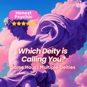 Könnte beinhalten: Eine digitale Illustration einer lilafarbenen Statue einer Gottheit vor einem rosa und blauen, bewölkten Himmel. Der Text "Which Deity is Calling You?" ist in weißen Buchstaben geschrieben. Unter dem Text steht der Satz "Same Hour | Multiple Deities" in weißen Buchstaben.