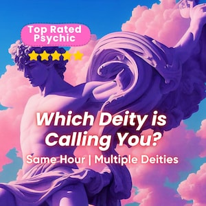 Può includere: Una statua color viola di una figura classica su uno sfondo di nuvole rosa e blu. Il testo recita: Top Rated Psychic, cinque stelle gialle, Which Deity is Calling You?, e Same Hour | Multiple Deities. La figura è drappeggiata con del tessuto.