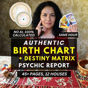Könnte beinhalten: Ein digitaler Dienst für ein authentisches Geburtshoroskop und einen Schicksalsmatrix-Bericht. Der Text lautet: NO AI, 100% CALCULATED, SAME HOUR, AUTHENTIC BIRTH CHART + DESTINY MATRIX PSYCHIC REPORT, 45+ PAGES, 12 HOUSES. Enthält kreisförmige astrologische Diagramme.