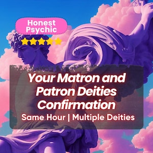 Peut inclure: Une illustration numérique d'une statue violette sur un fond de nuage rose. Le texte "Your Matron and Patron Deities Confirmation" est dans un cadre blanc avec une bordure rouge. Le texte "Same Hour | Multiple Deities" est sous le cadre blanc. Le texte "Honest Psychic" est dans un cadre rose avec une bordure blanche et cinq étoiles.