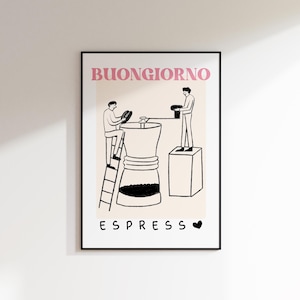 Fysieke keukenposter moderne koffieposter koffiemokkapot espressokunst, afdrukbare barwagen Italiaanse print keukendecor Buongiorno
